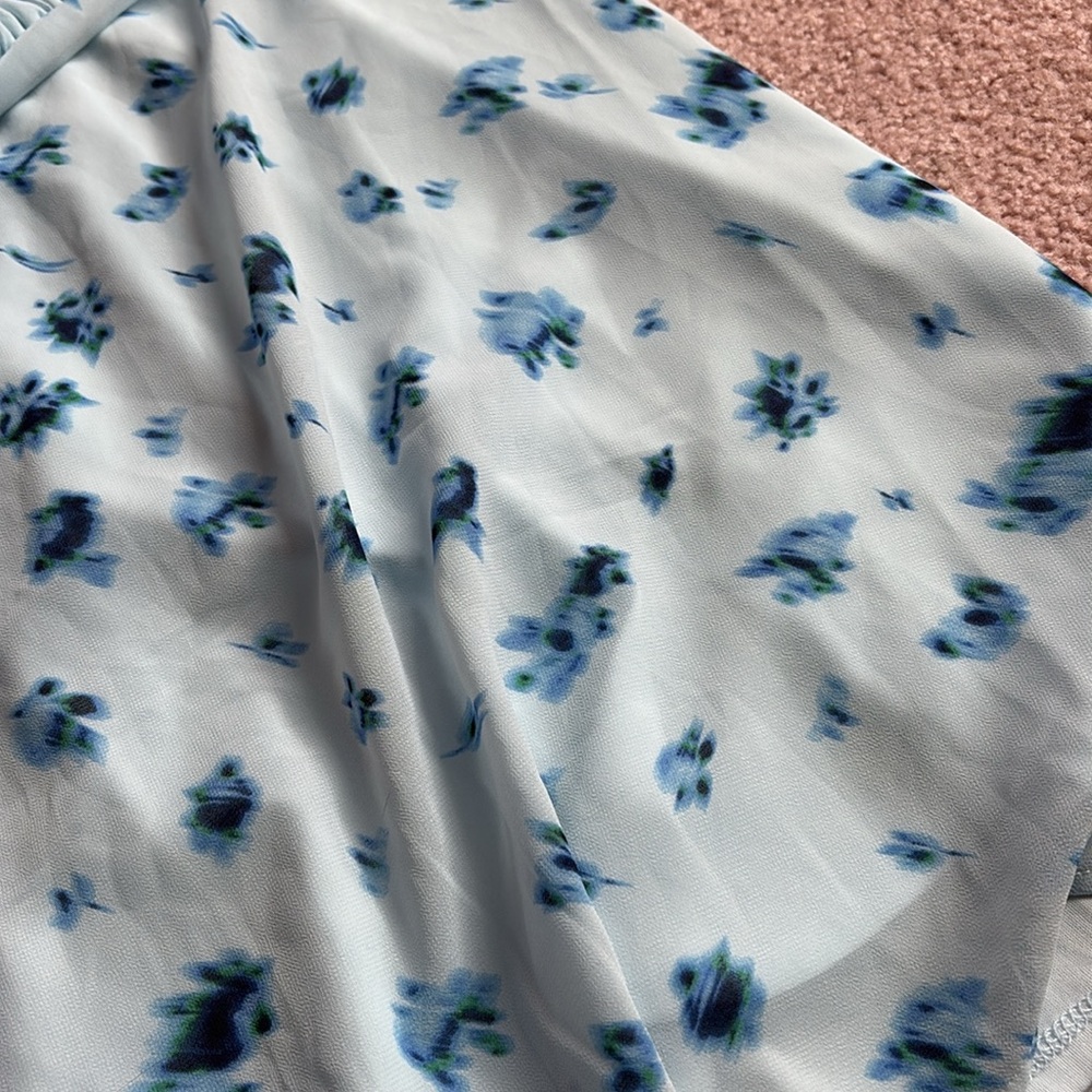 Ruffle Trim Slip Mini Babydoll Blue Floral Spaghetti Strap Dress Size Large - Picture 4 of 8